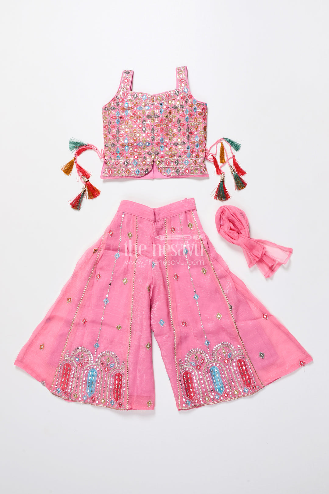 Mirror embroidered pink sharara set with playful tassels