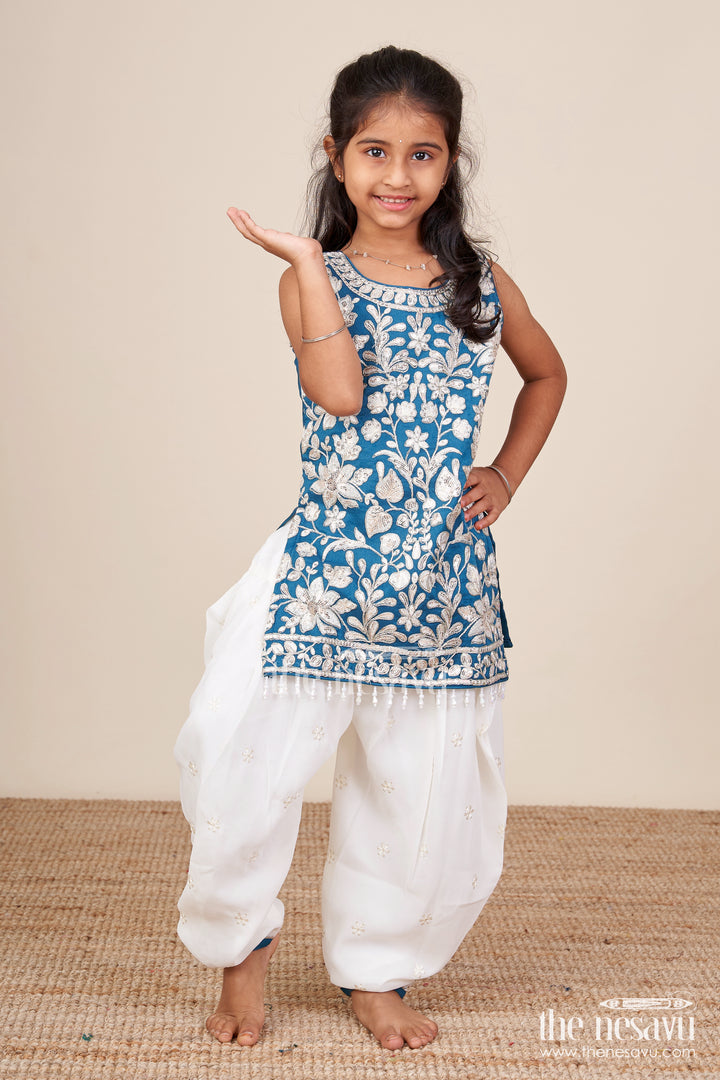 Royal blue embroidered kurti set with dhoti pants