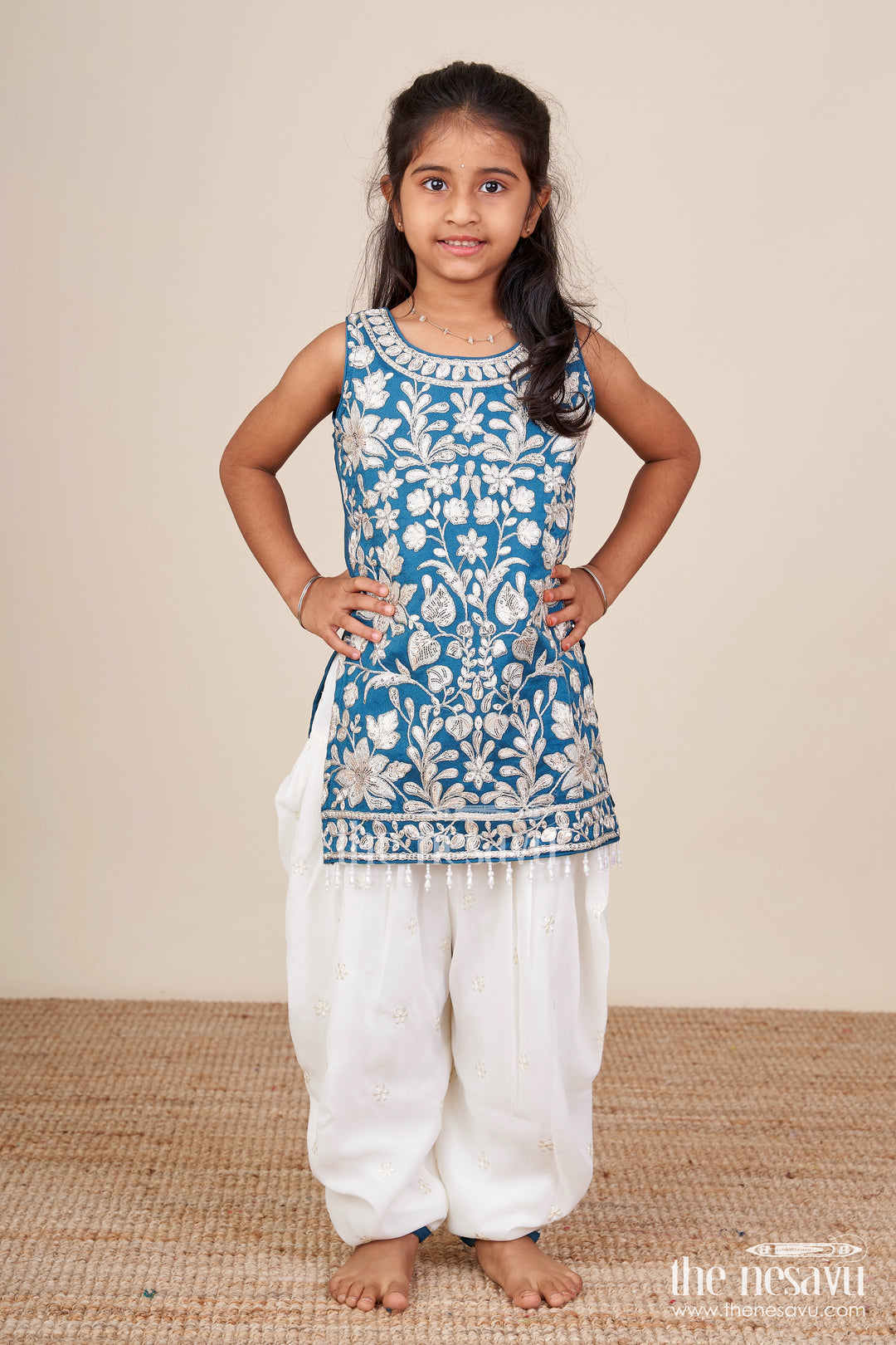 Royal blue embroidered kurti set with dhoti pants
