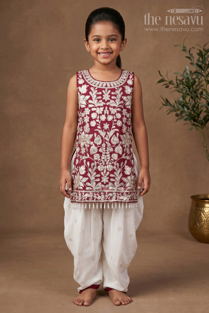Maroon and Ivory Embroidered Ethnic Kurti Set