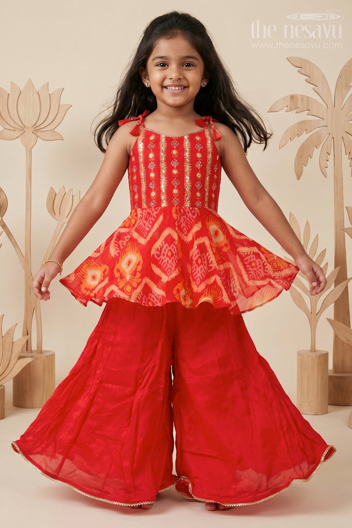 Girls Festive Georgette Sharara Set with Embroidered Yoke and Flared Pants
