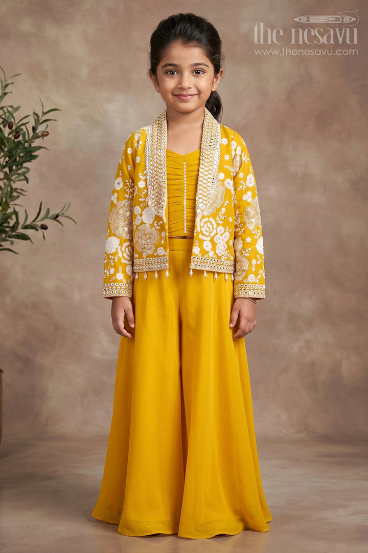 Girls Mustard Sharara Set with Embroidered Jacket for Festive Events