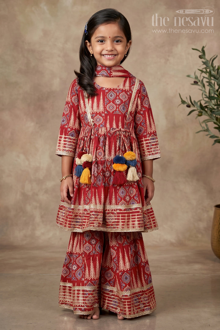 Girls Cotton Sharara Set with Ethnic Block Print and Tassel Accents