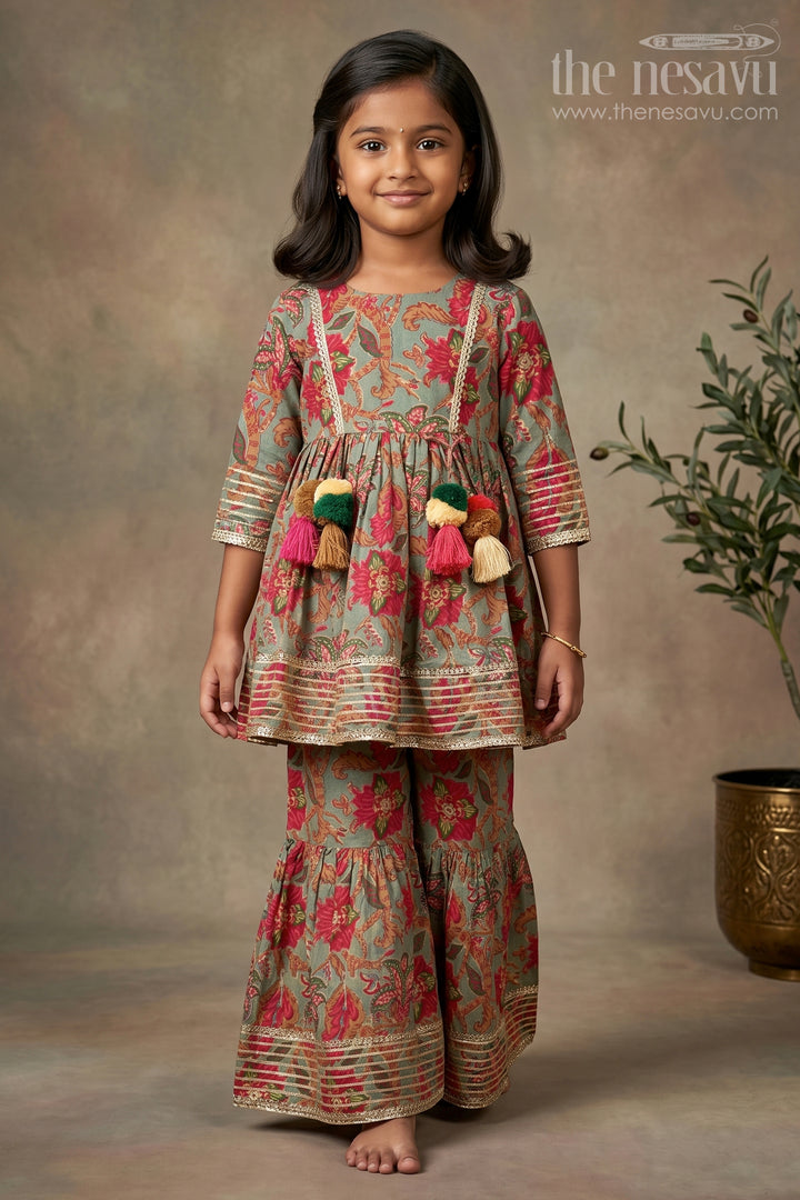 Girls Festive Block Printed Plazo Set with Flared Kurti