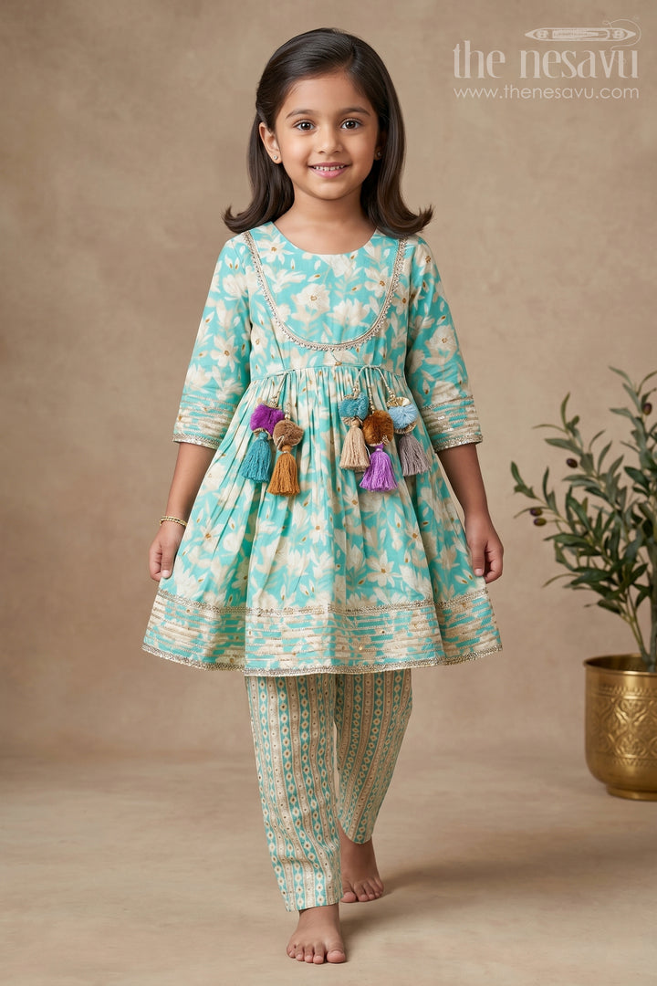 Girls Cotton Kurti Set with Floral Block Print and Striped Plazo