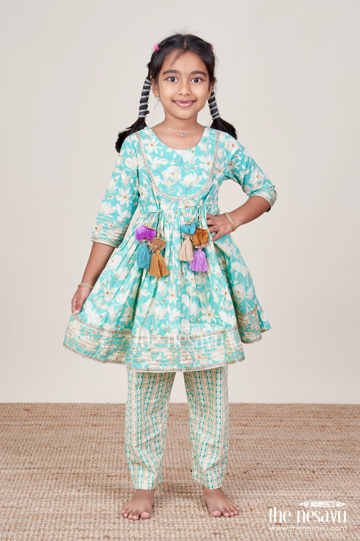 Girls Cotton Kurti Set with Floral Block Print and Striped Plazo