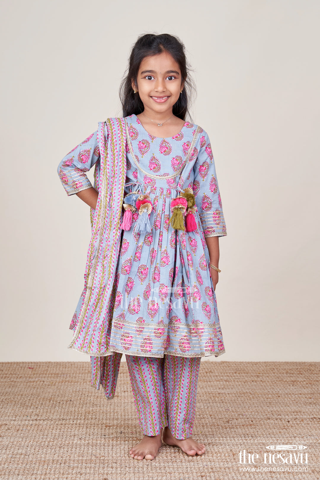 Girls Cotton Kurti Set with Floral Block Print and Festive Tassels