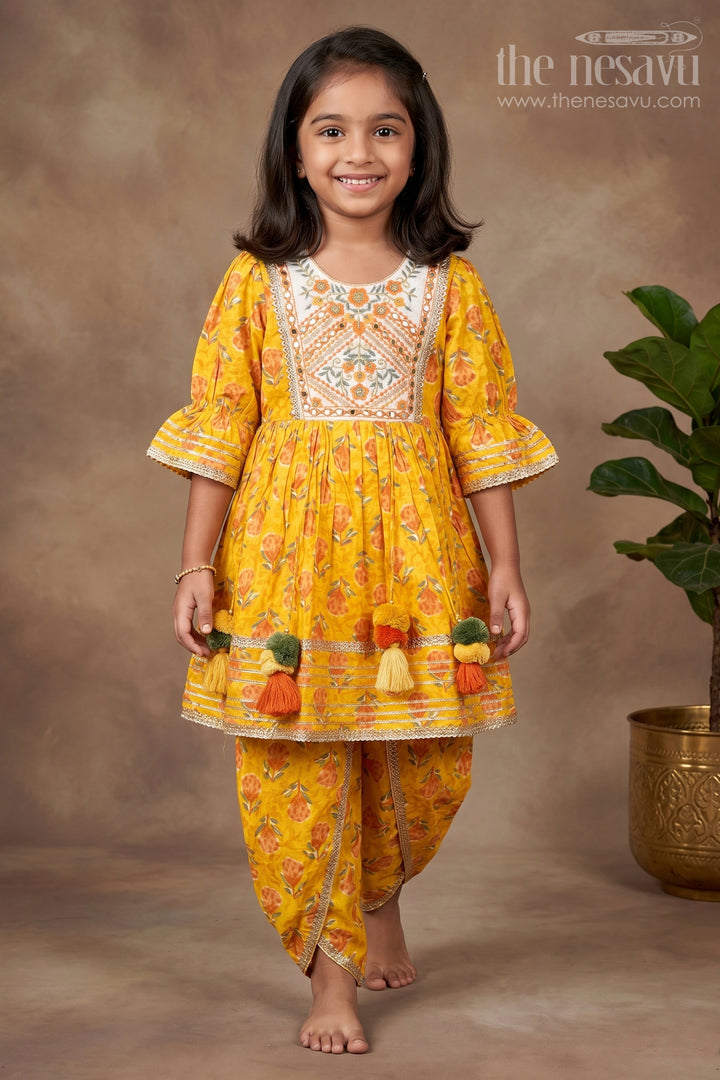Girls Cotton Sharara Set with Floral Yoke Embroidery and Tassels
