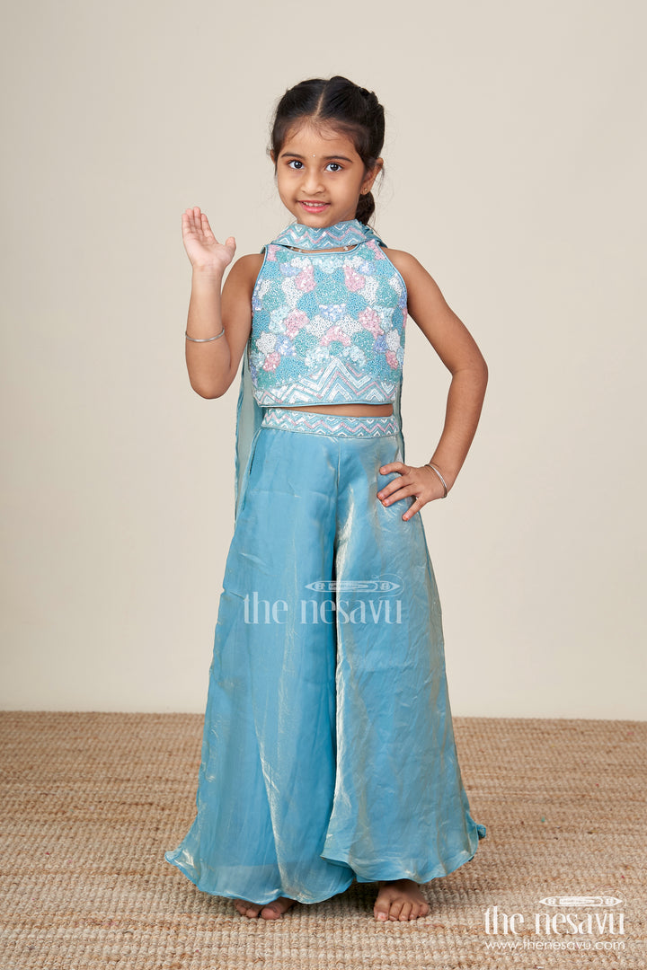 Girls Blue Sharara Set with Floral Embroidered Top for Festive Occasions