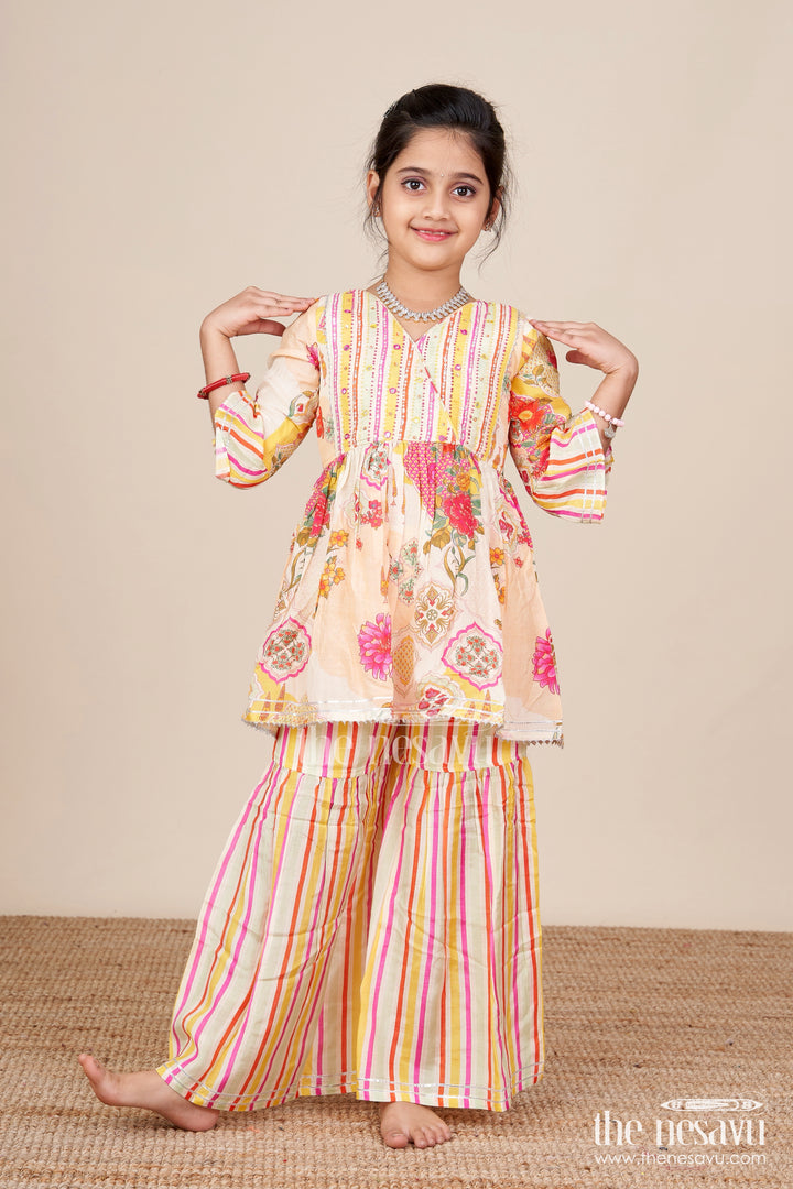 Girls Cream Sharara Set with Floral Top for Ethnic Parties and Photoshoots