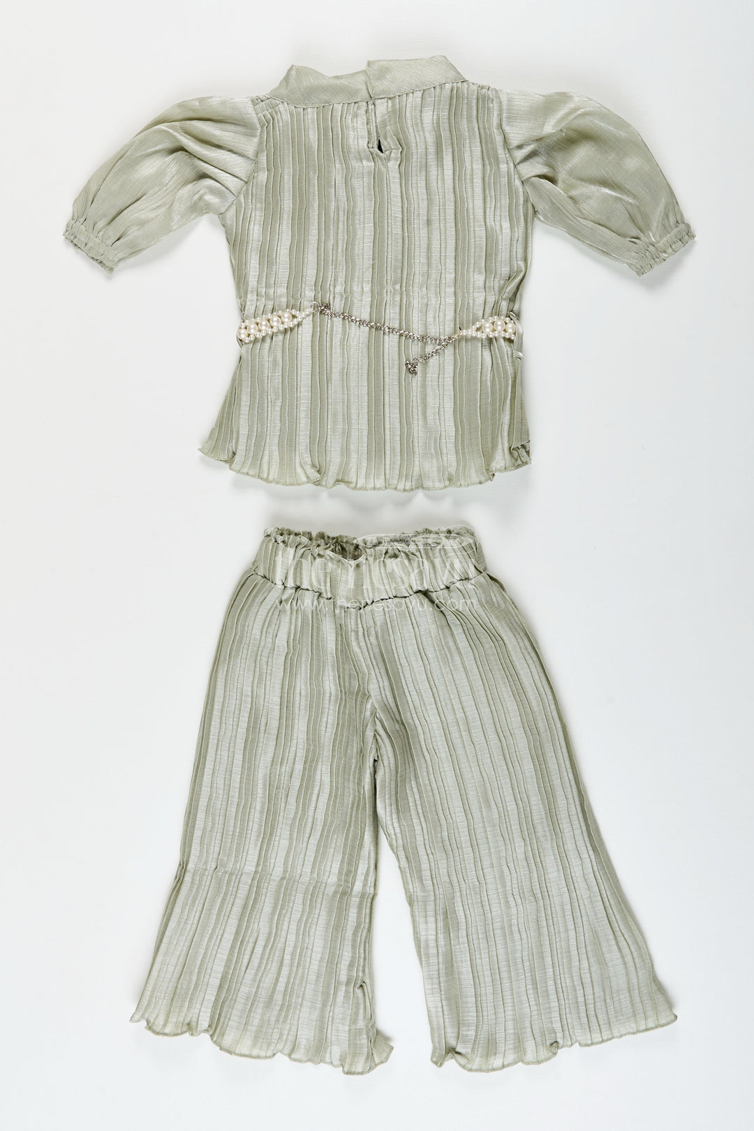 Elegant girls pleated georgette co-ord set with flared pants and stylish top