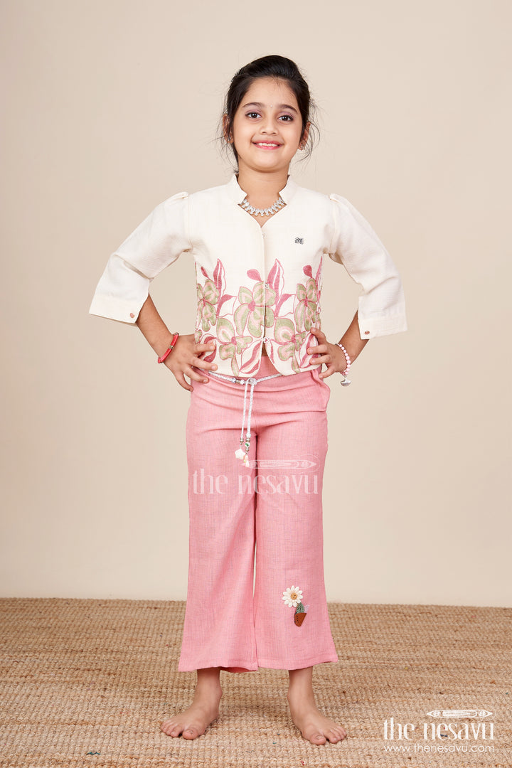 Elegant Girls Embroidered Cotton Casual Set with Playful Pant and Top Combo