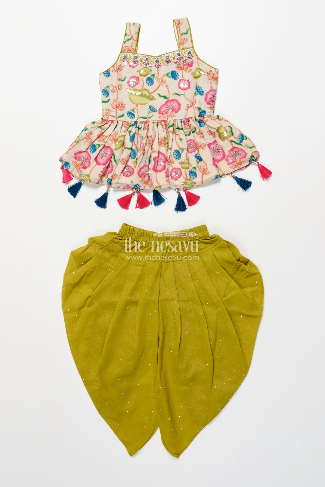 Toddler sharara set with tassel detail and embroidered top for festive wear