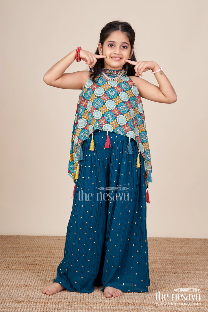 Ethnic girls sharara set with printed cape top and mirror accents