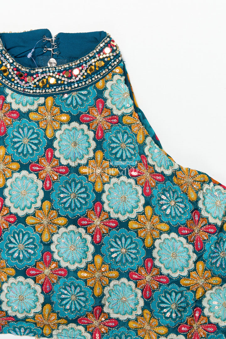 Ethnic girls sharara set with printed cape top and mirror accents
