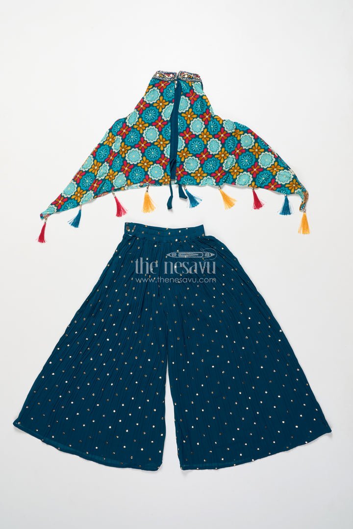 Ethnic girls sharara set with printed cape top and mirror accents