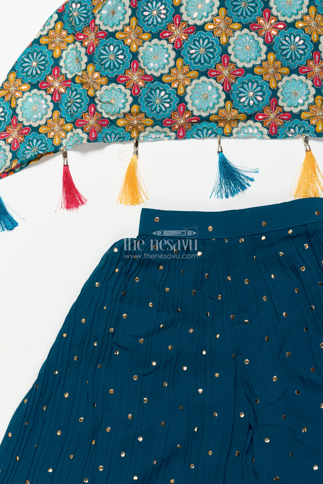 Ethnic girls sharara set with printed cape top and mirror accents