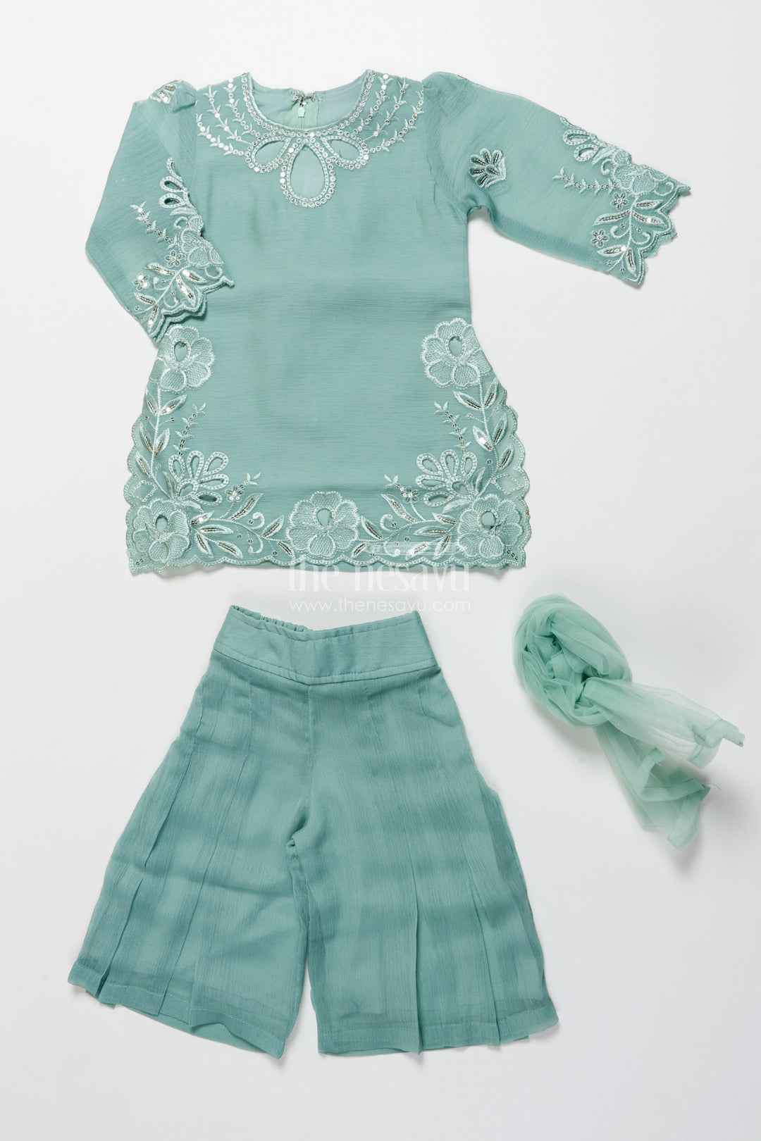 Occasion-ready organza sharara set with thread embroidery detailing
