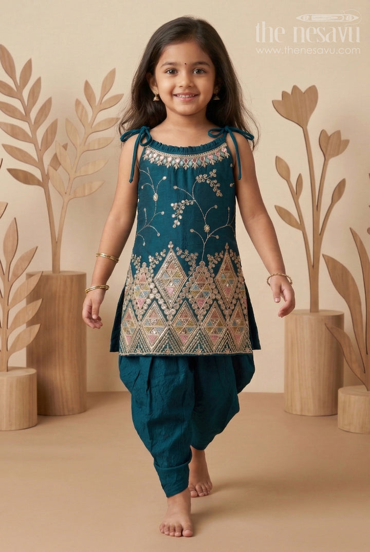 Girls Ethnic Dhoti Set with Mirror Work Top and Dupatta for Cultural Celebrations