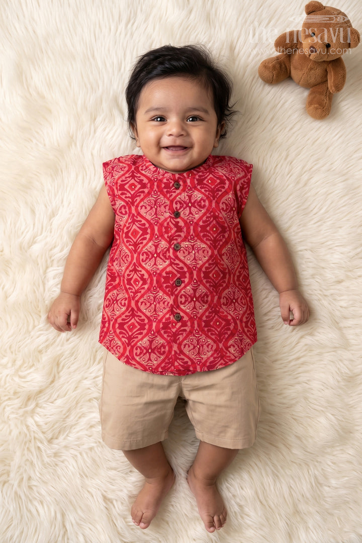 Baby Boys Sleeveless Rayon Jabla in Red with Wooden Buttons and Ethnic Prints for Newborn Jhabla Set