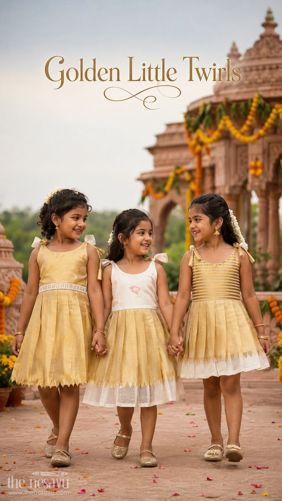 Girls Gold Tie up Frock for Festive Family Occasions