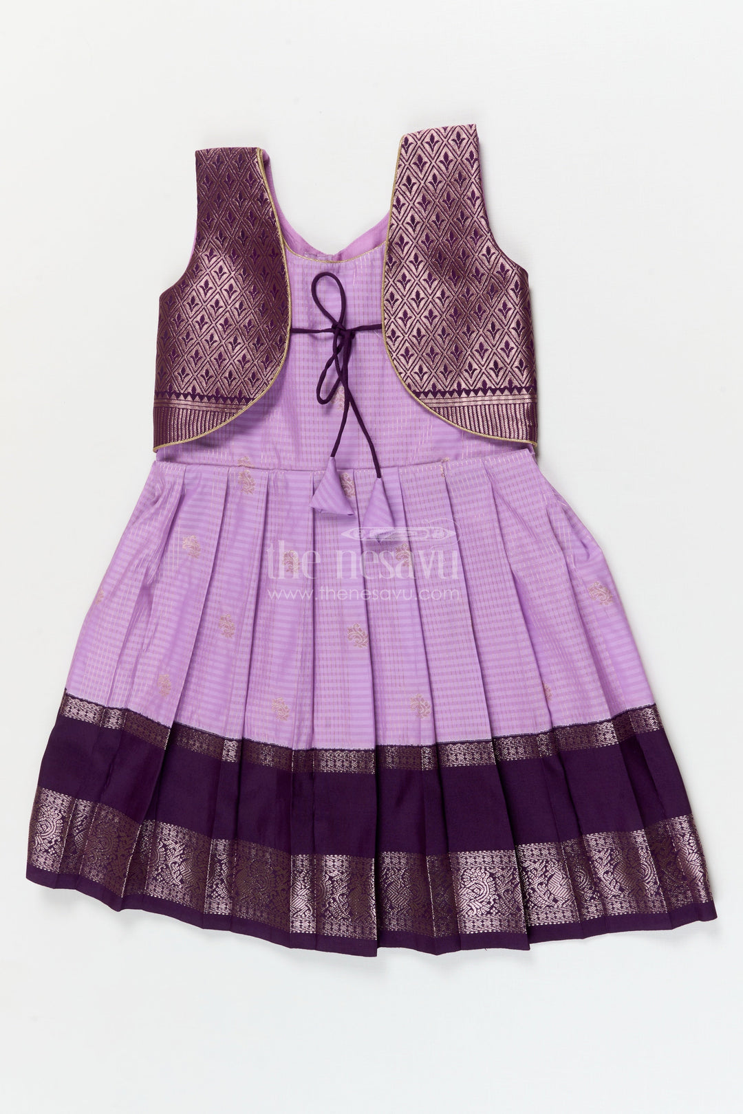 The Nesavu Girls Kanchi Silk Frock Silk Frock for Toddler Girls with Latest Kanchivaram Saree Inspired Zari Border Design Nesavu 10 (NB) / Purple / style 2 KSF016BB-10 Nesavu toddler girl silk frock with latest Kanchivaram saree inspired zari weaving and festive finish