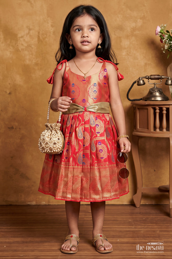 Girls Kanchi Silk Frock in Red with Jacquard Weave