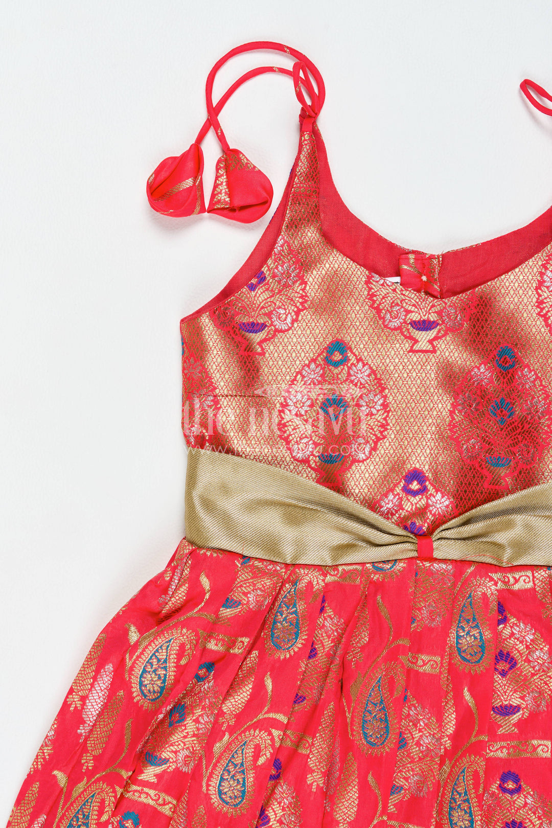 Girls Kanchi Silk Frock in Red with Jacquard Weave
