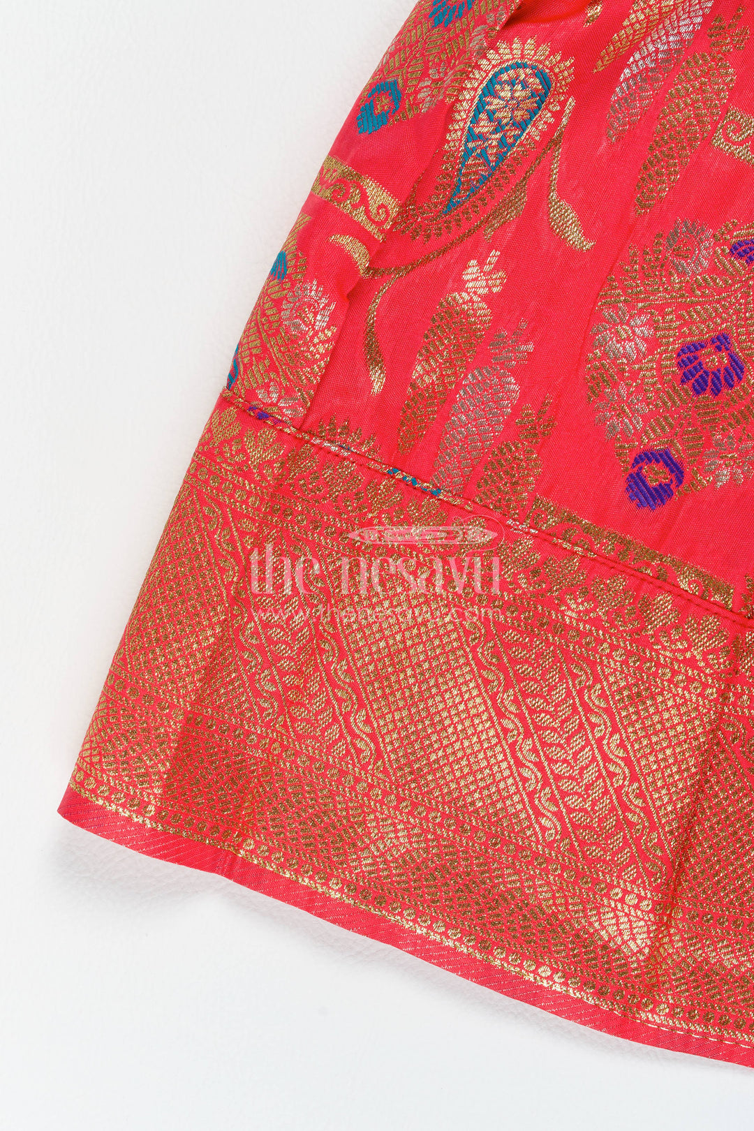 Girls Kanchi Silk Frock in Red with Jacquard Weave