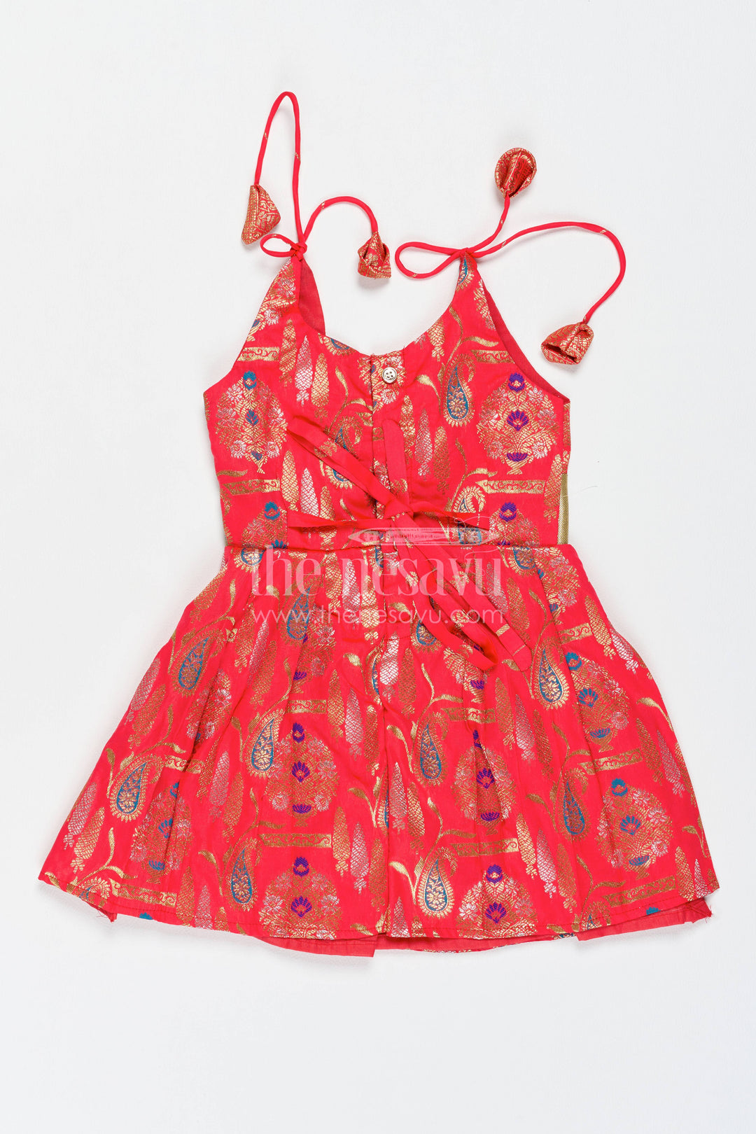 Girls Kanchi Silk Frock in Red with Jacquard Weave