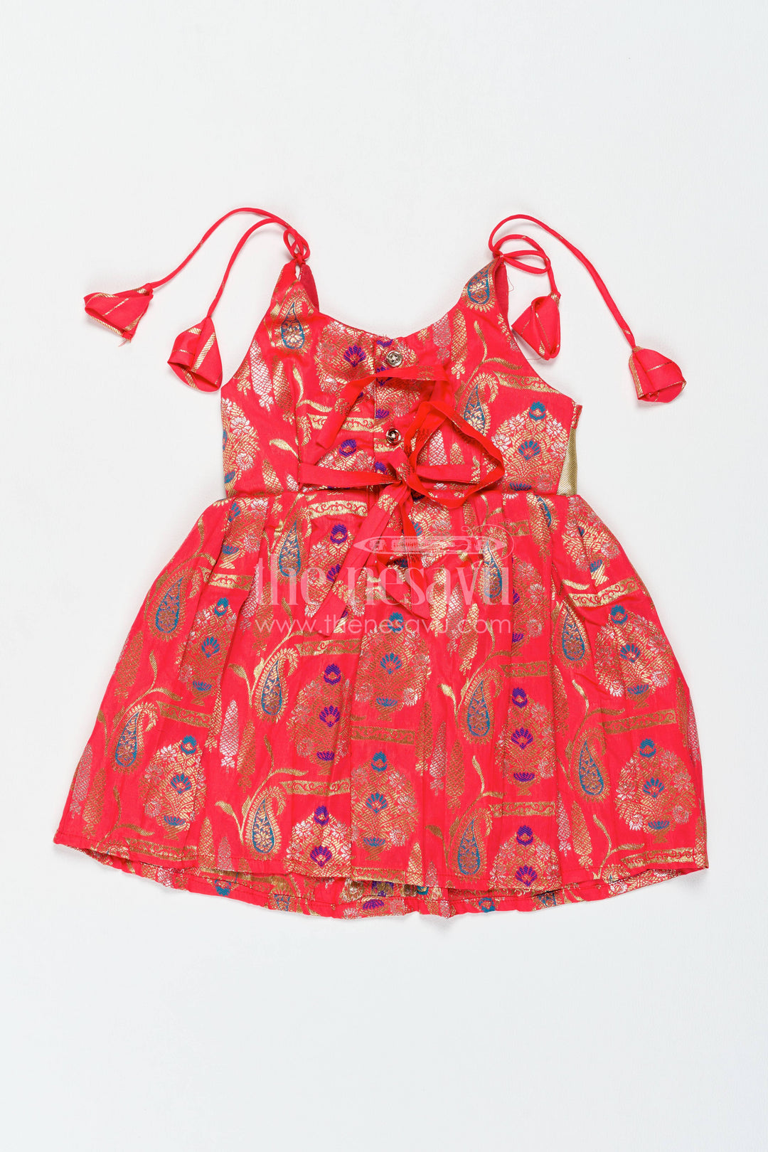Girls Kanchi Silk Frock in Red with Jacquard Weave