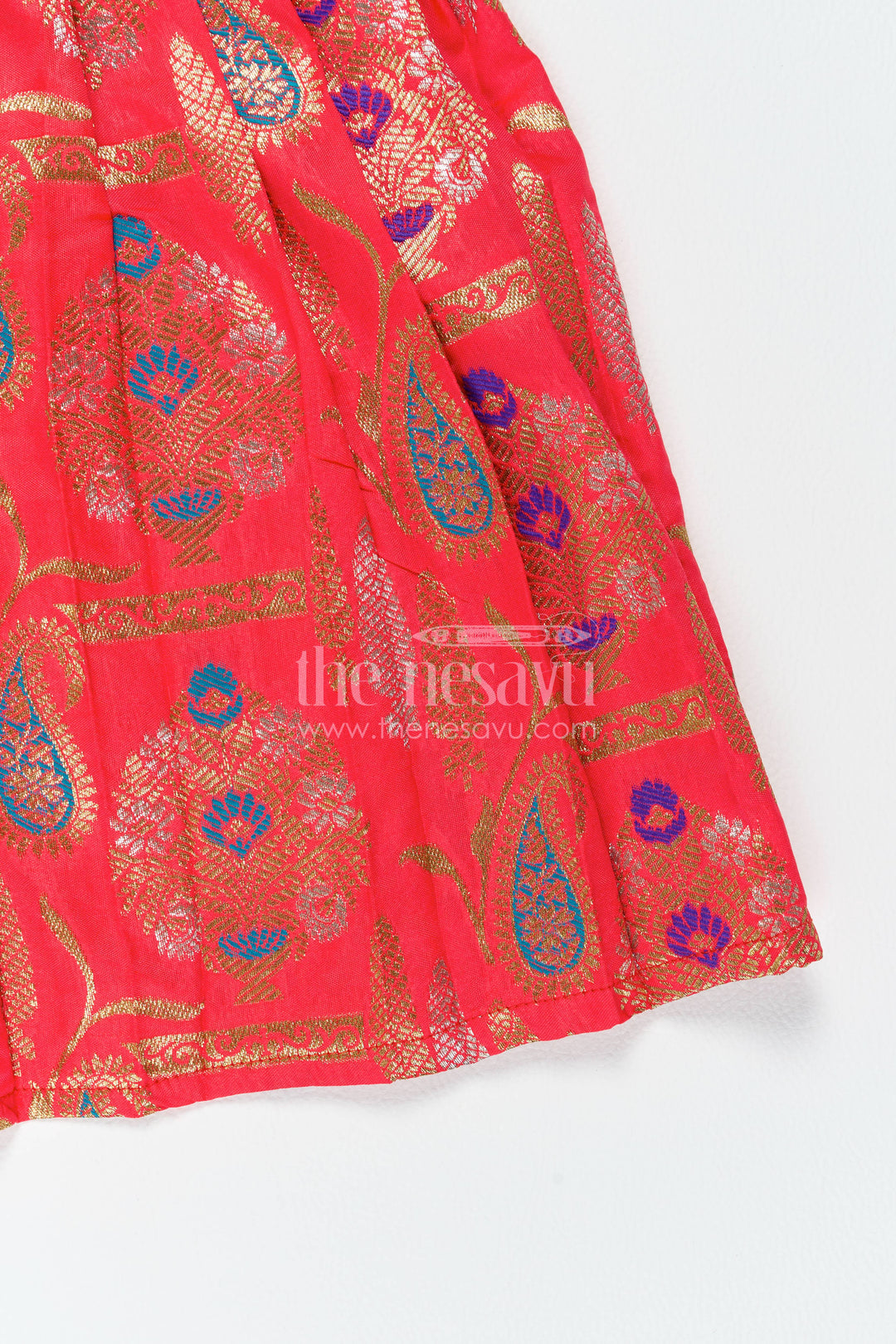Girls Kanchi Silk Frock in Red with Jacquard Weave