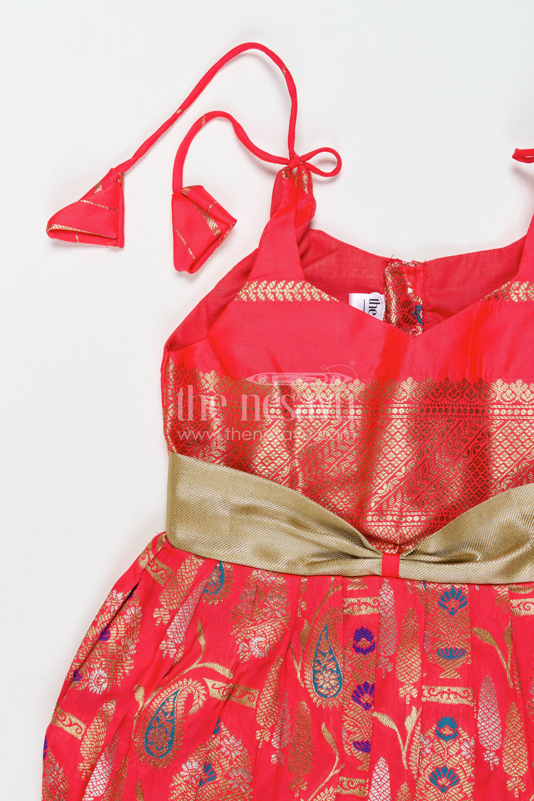 Girls Kanchi Silk Frock in Red with Jacquard Weave