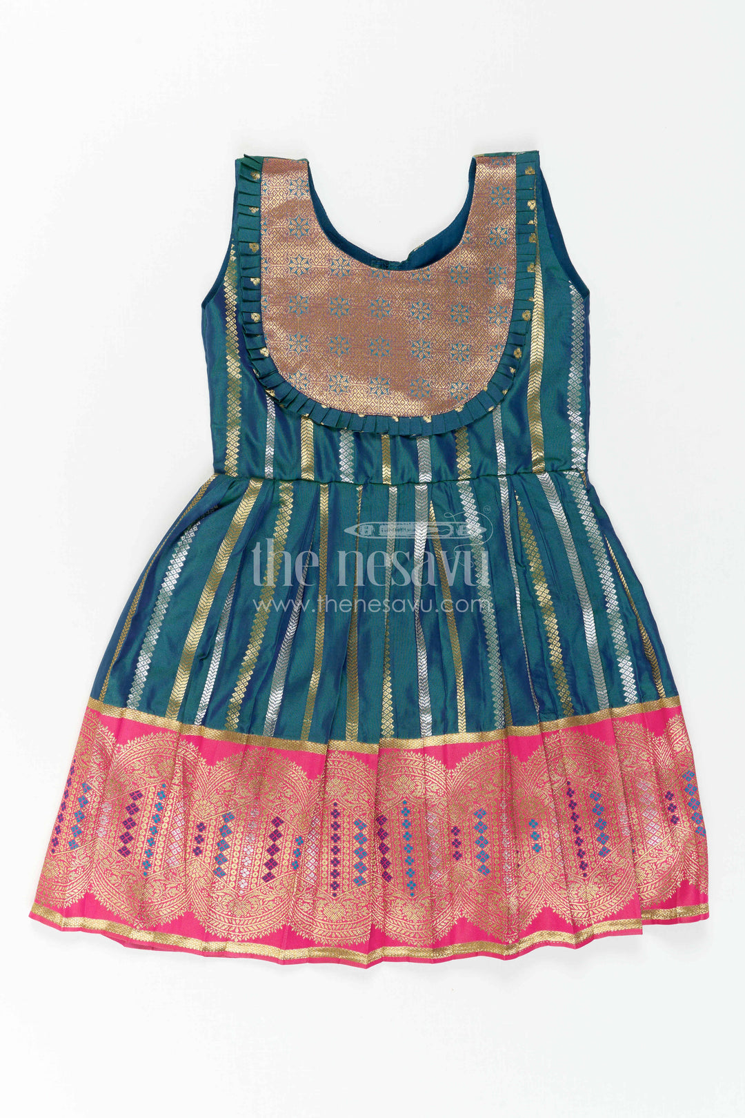 Nesavu Baby Girl Kanchi Silk Frock with Woven Stripes and Big Border for Festive Weddings