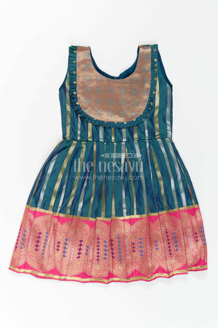 Nesavu Baby Girl Kanchi Silk Frock with Woven Stripes and Big Border for Festive Weddings