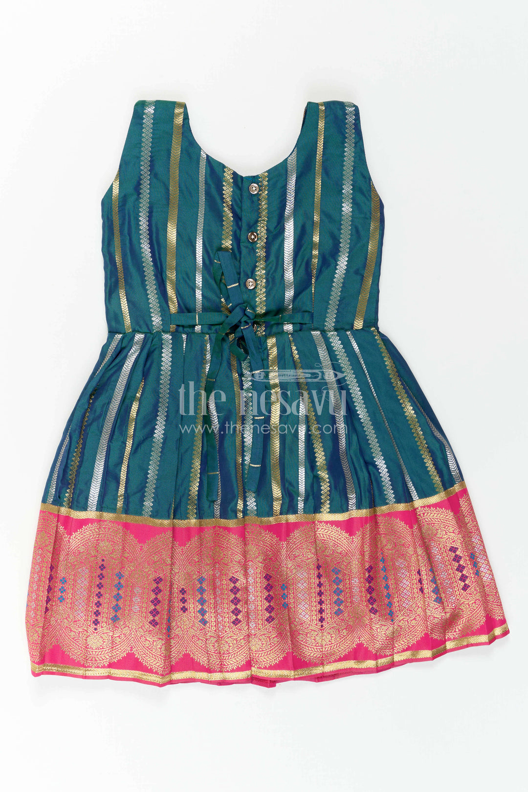 Nesavu Baby Girl Kanchi Silk Frock with Woven Stripes and Big Border for Festive Weddings