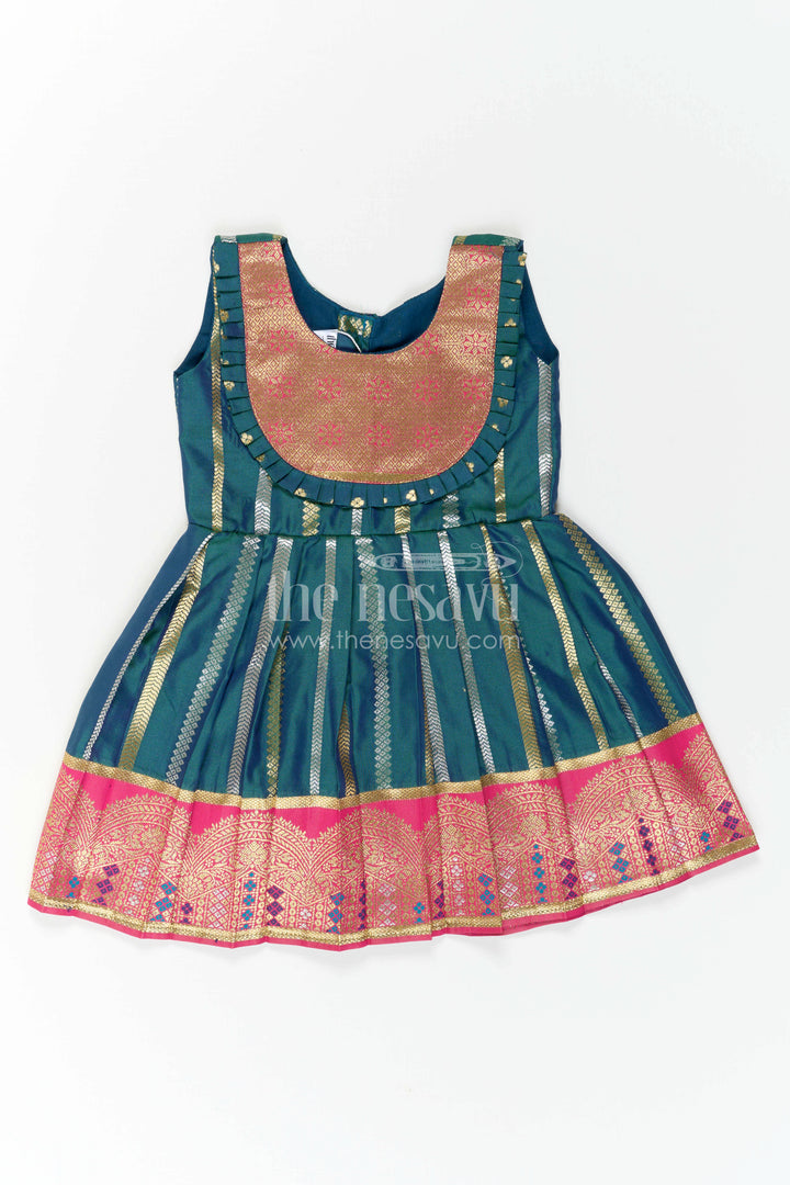 Nesavu Baby Girl Kanchi Silk Frock with Woven Stripes and Big Border for Festive Weddings