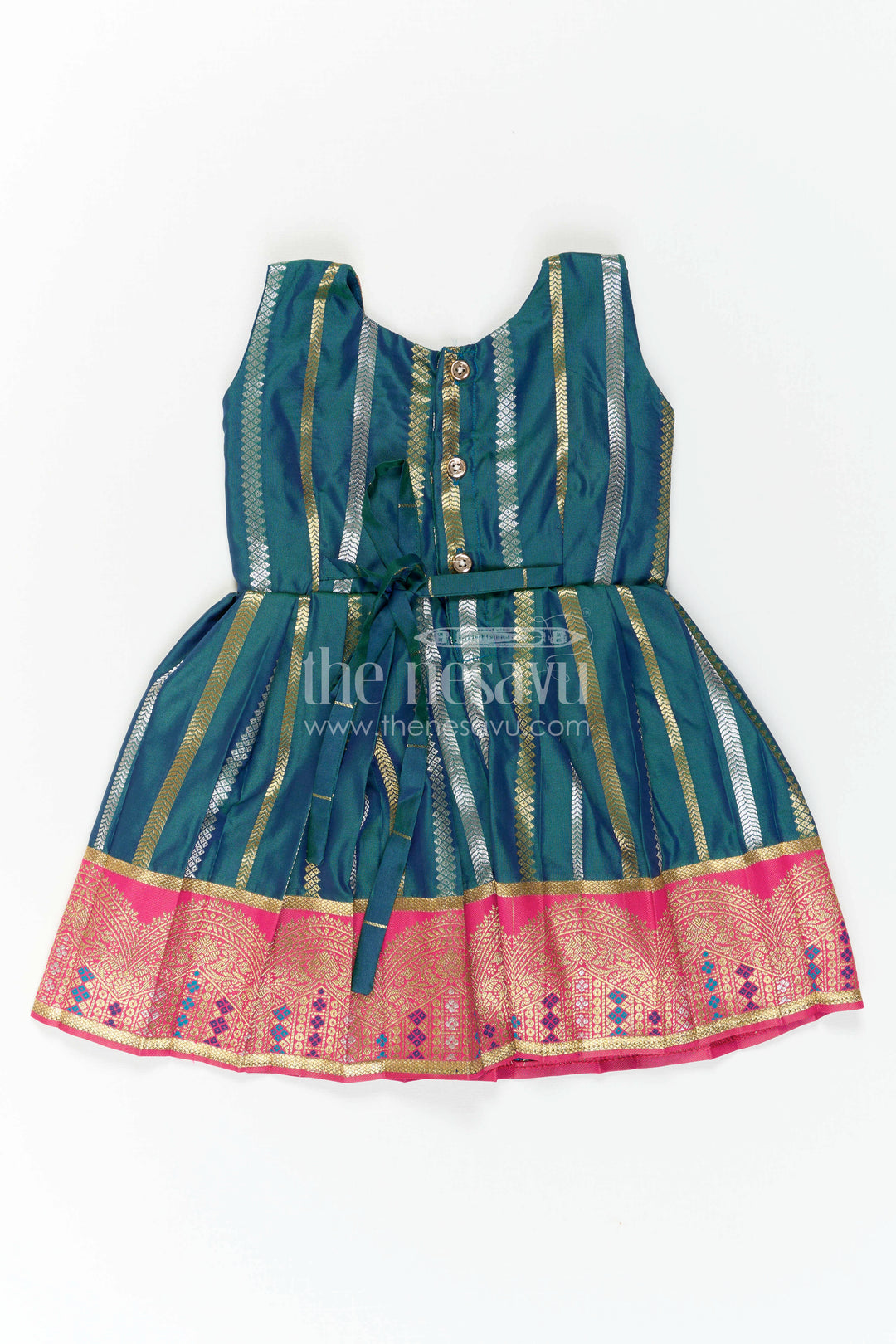 Nesavu Baby Girl Kanchi Silk Frock with Woven Stripes and Big Border for Festive Weddings