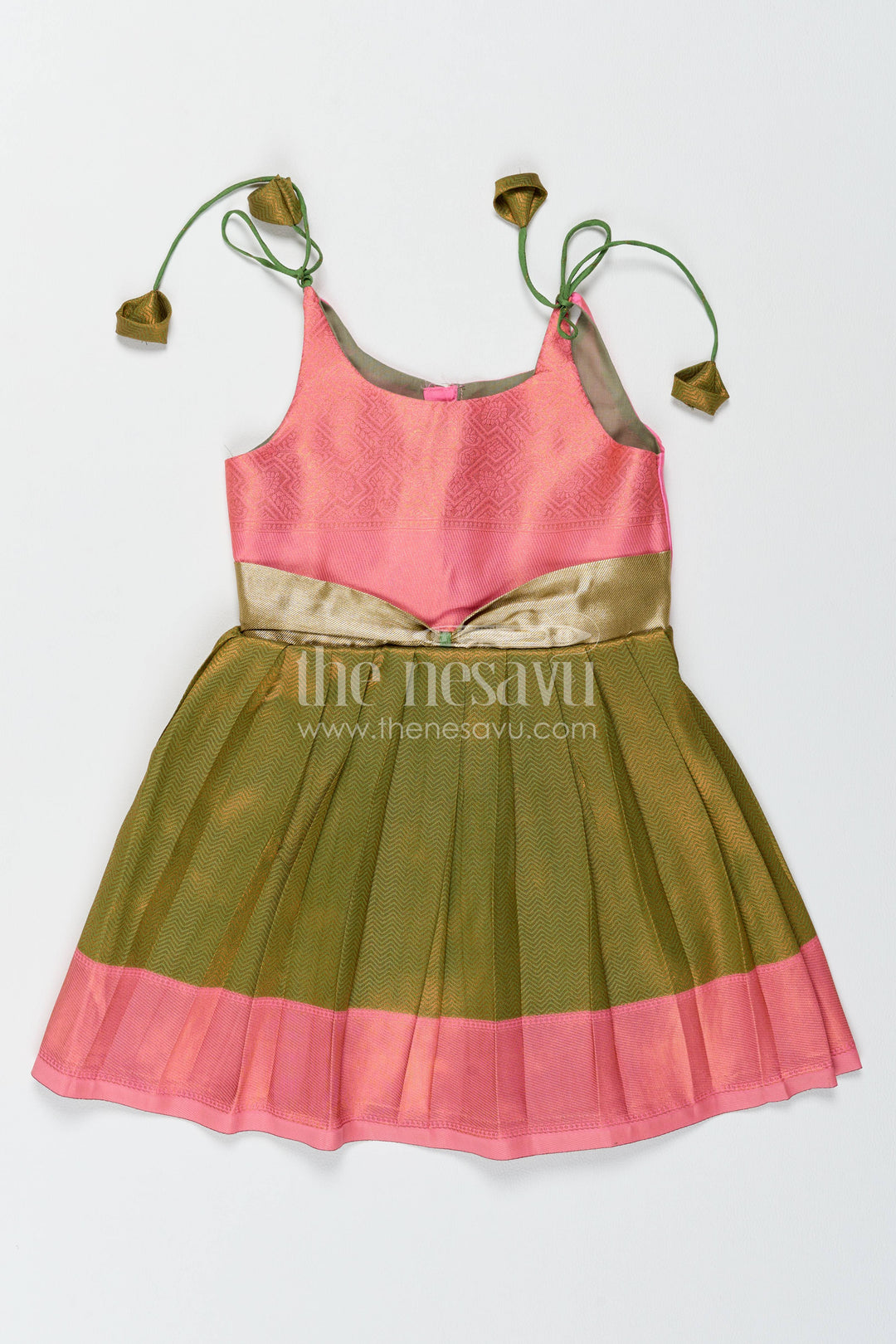 Girls Kanchi Silk Frock in Green with Jacquard Weave