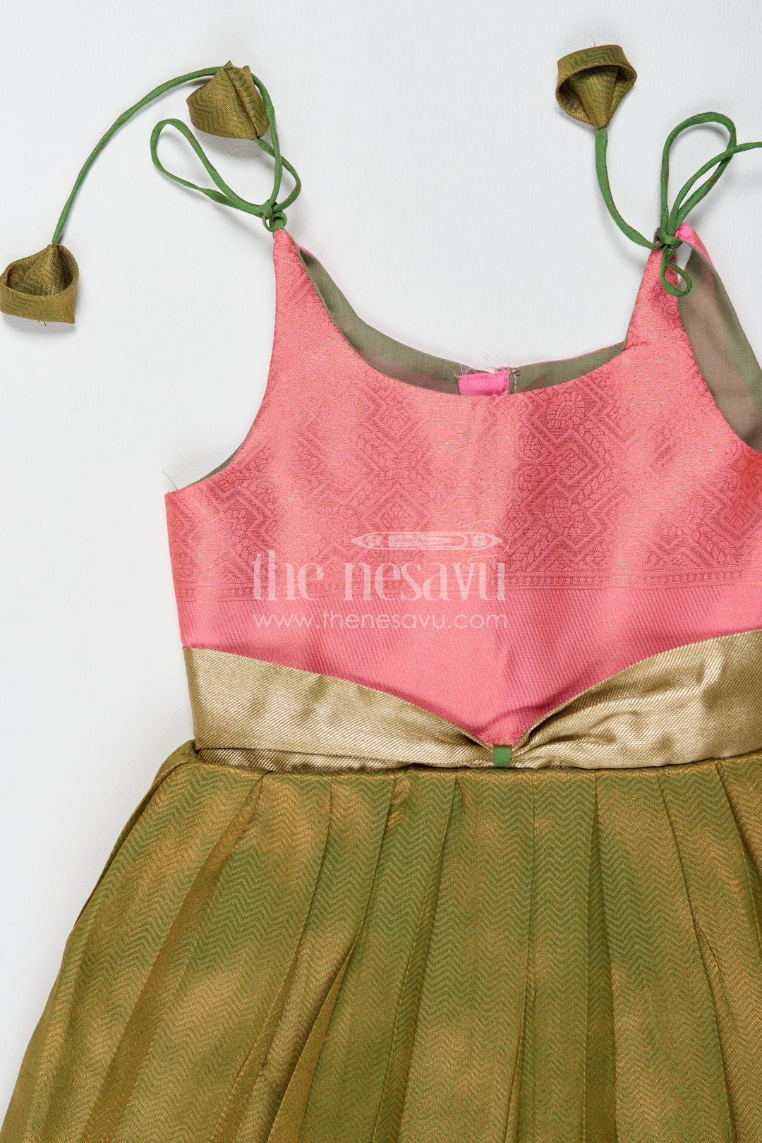 Girls Kanchi Silk Frock in Green with Jacquard Weave