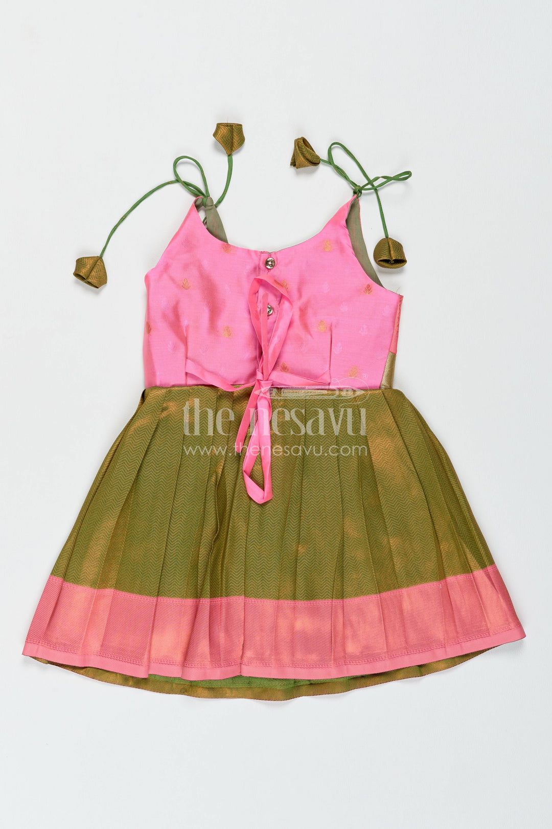 Girls Kanchi Silk Frock in Green with Jacquard Weave