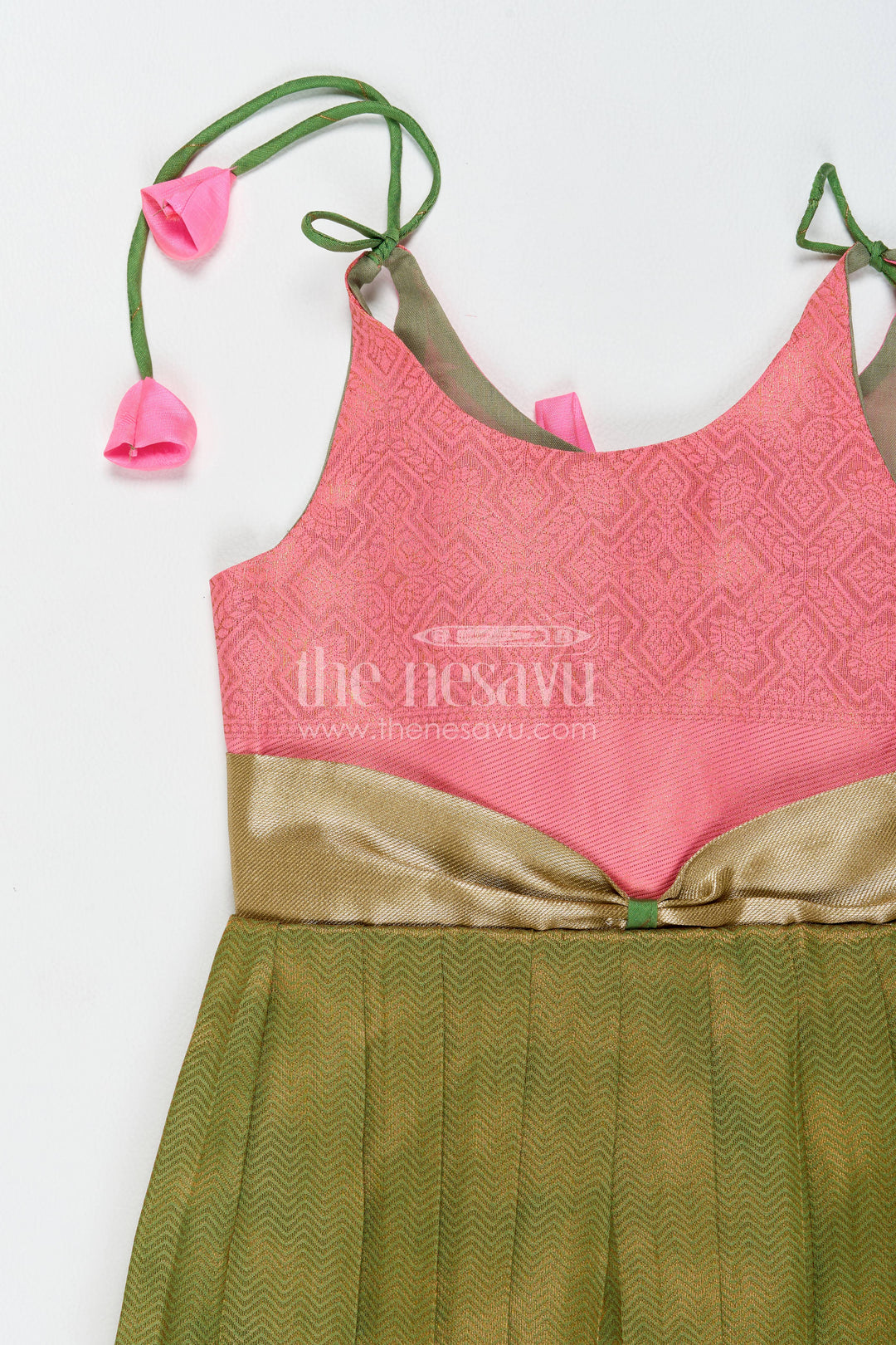 Girls Kanchi Silk Frock in Green with Jacquard Weave