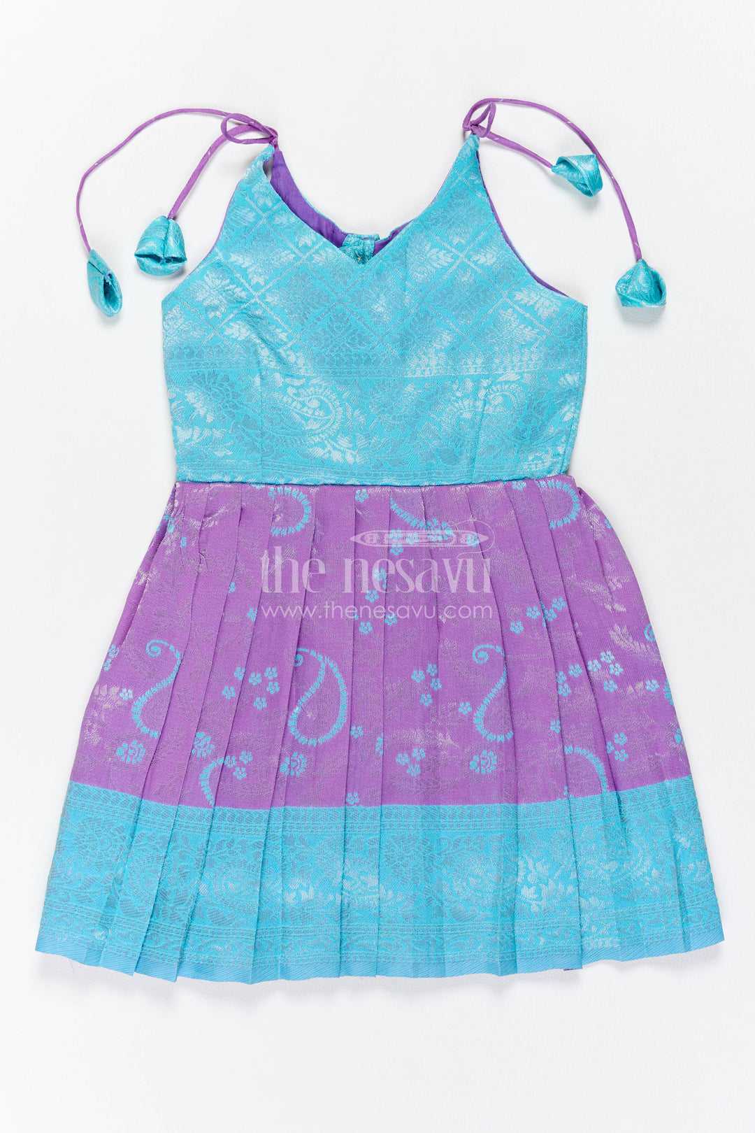 Girls Kanchi Silk Frock in Turquoise with Woven Texture