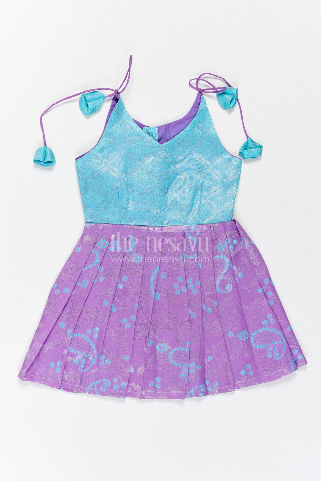 Girls Kanchi Silk Frock in Turquoise with Woven Texture
