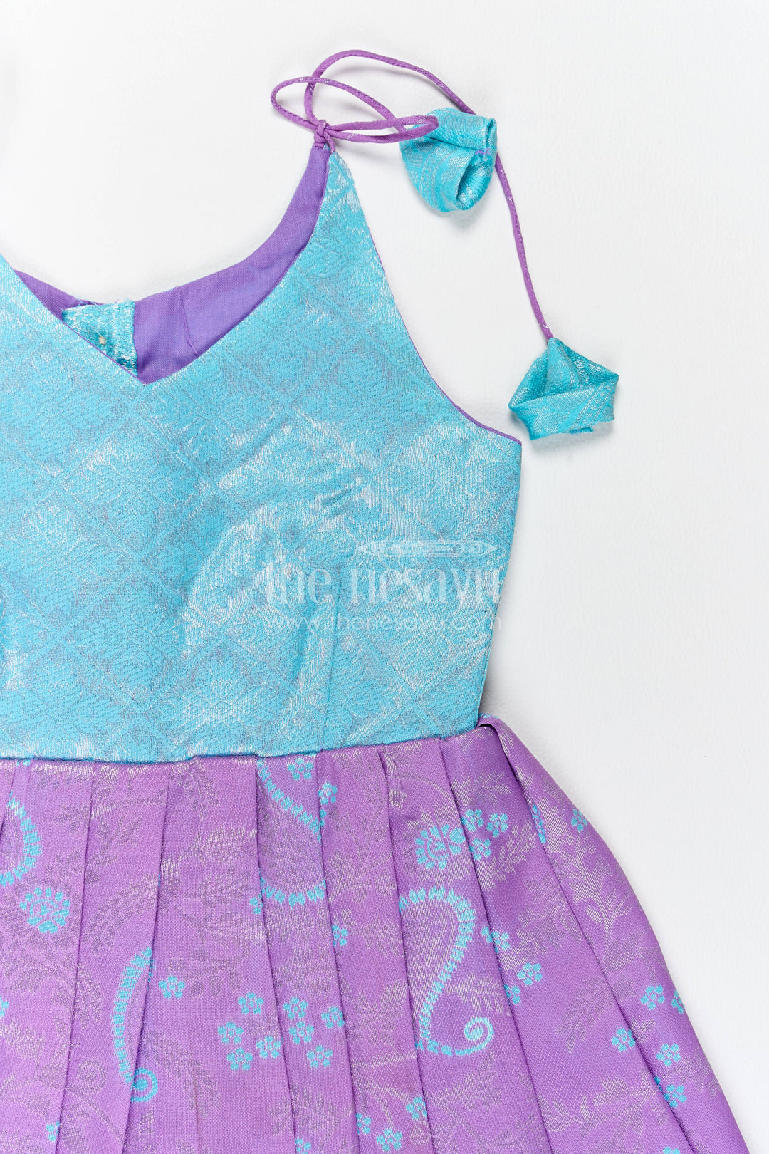 Girls Kanchi Silk Frock in Turquoise with Woven Texture