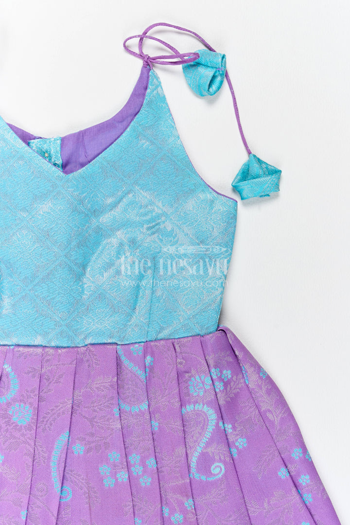 Girls Kanchi Silk Frock in Turquoise with Woven Texture