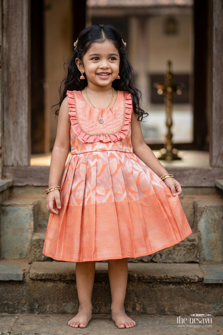 Girls Kanchi Silk Frock in Peach with Woven Texture