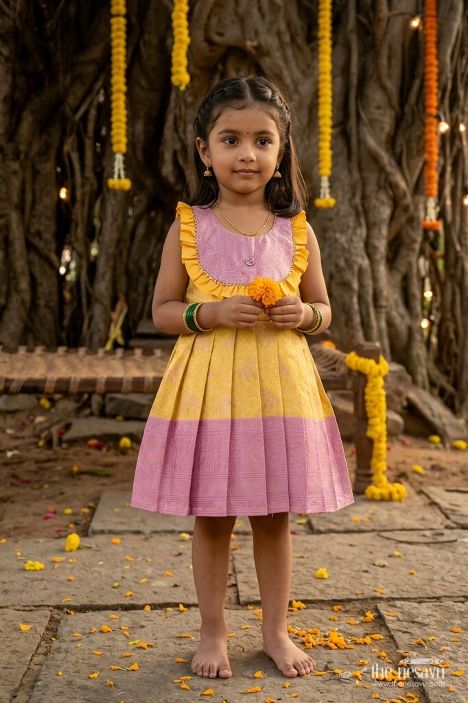 Girls Kanchi Silk Frock in Yellow with Smart Tailoring