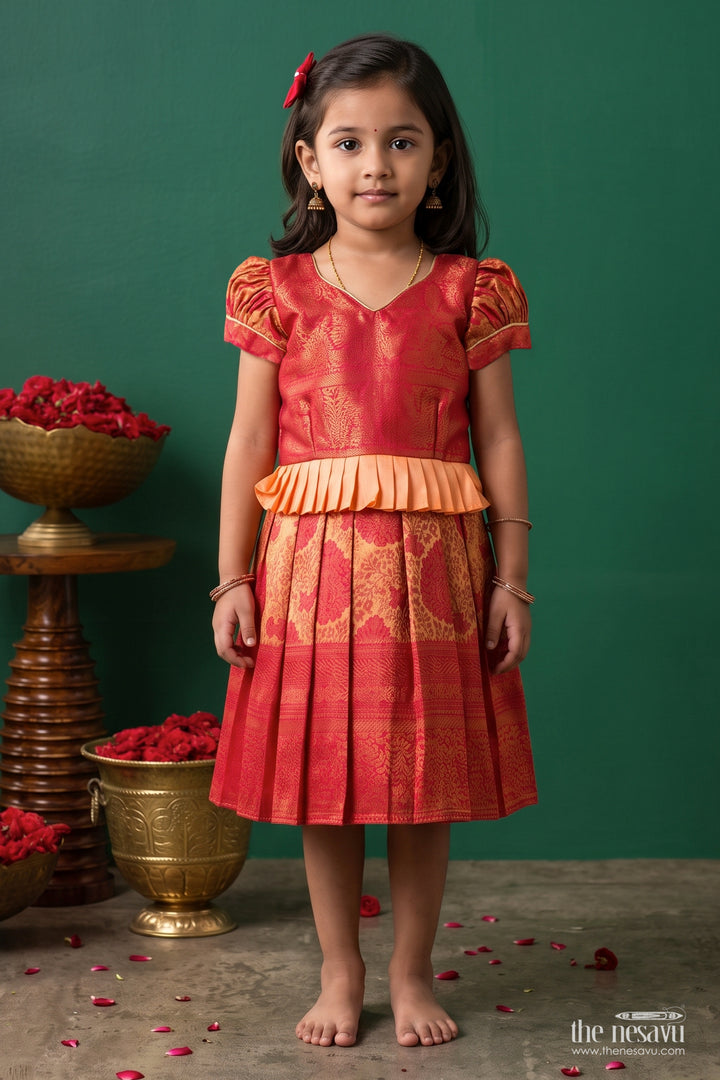 Girls Kanchi Silk Frock in Red with Woven Texture