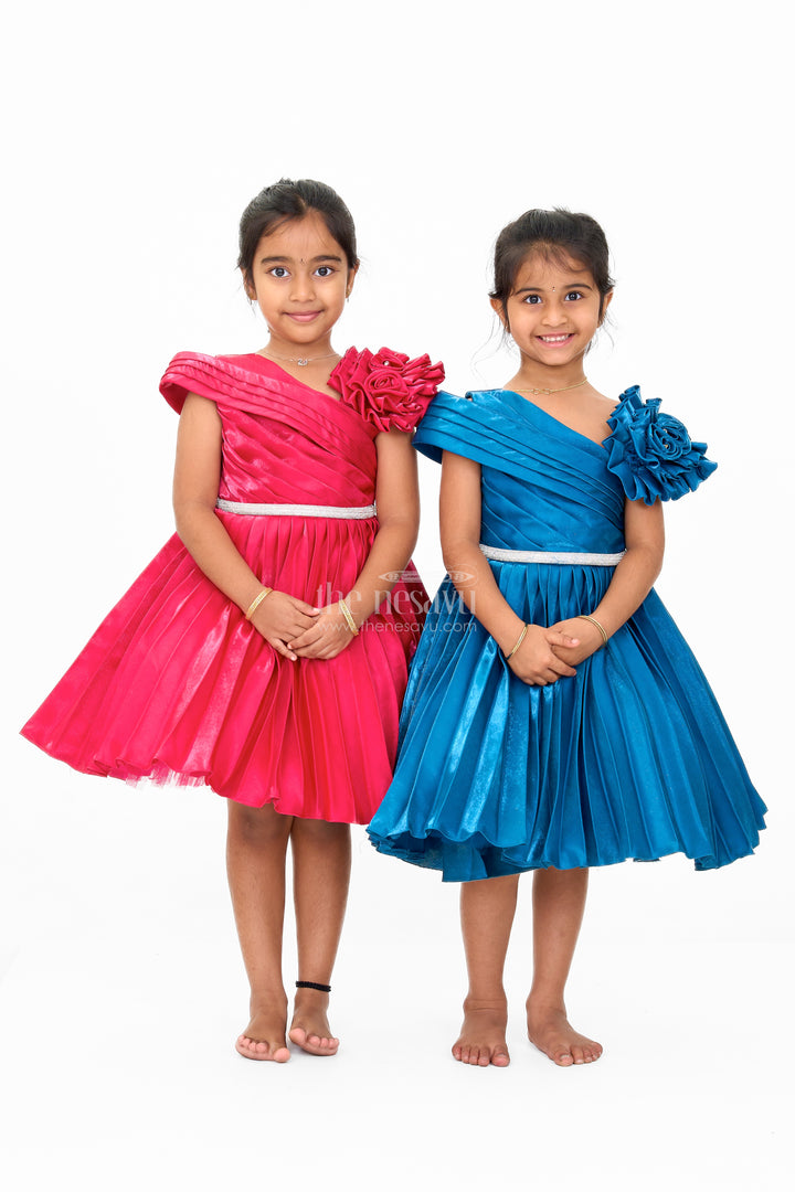 Teal Blue Glaze Organza Asymmetrical Party Frock with Stone Belt Embellishment for Girls